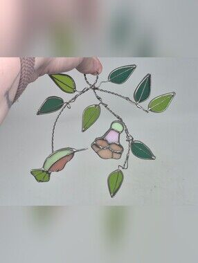 Stained Glass Humming Bird Flower And Leaves